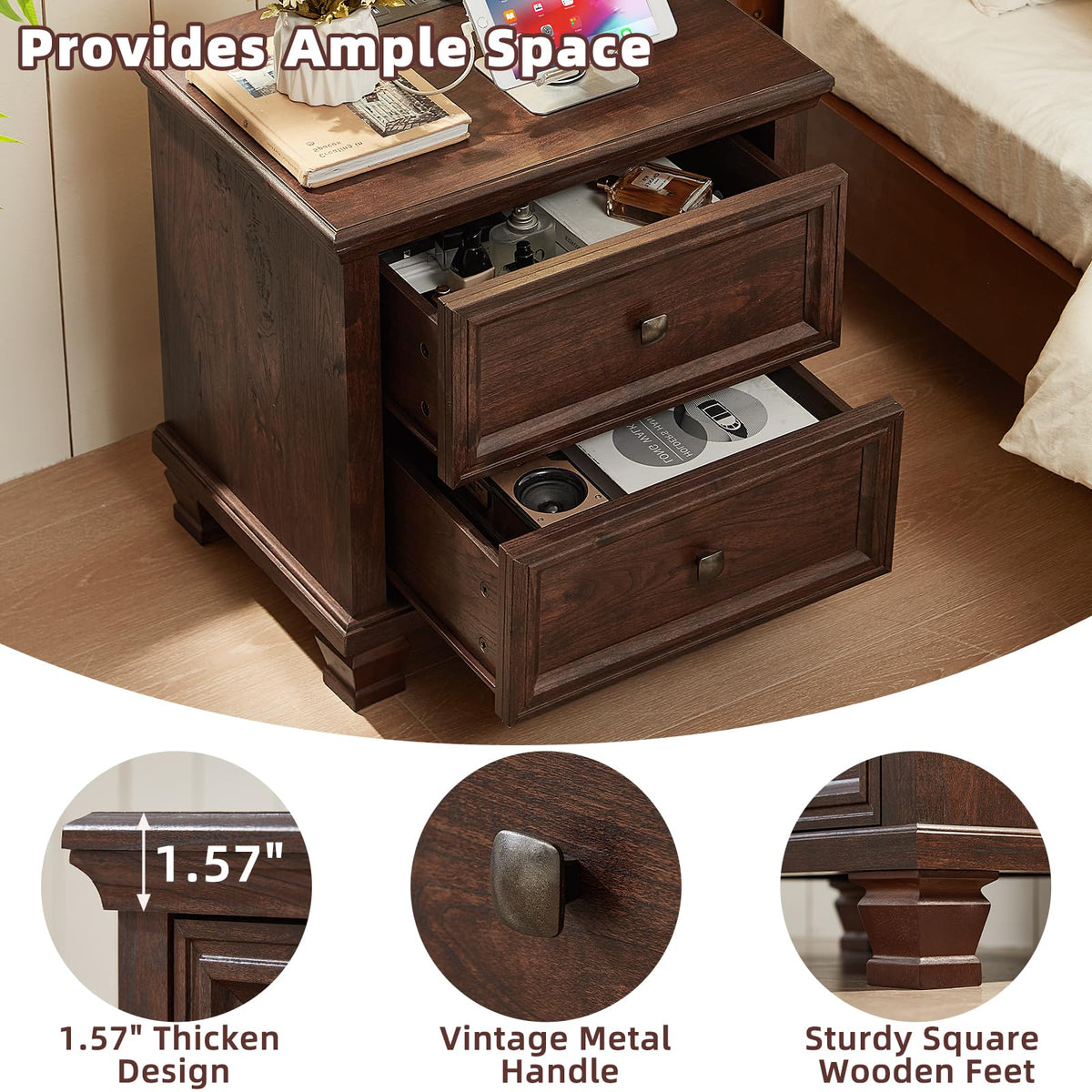 Nightstand Set of 2 with Charging Stations, 2 Drawers, Walnut P3965