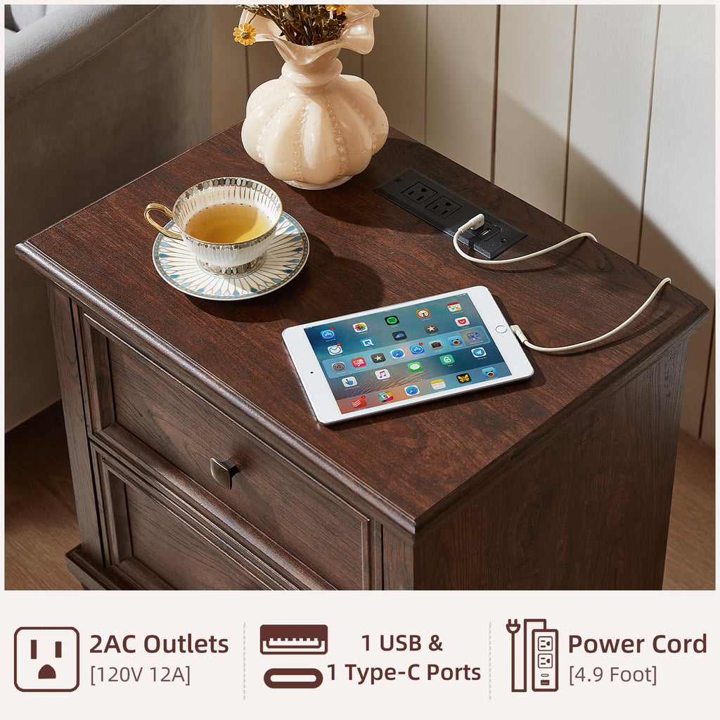 Nightstand Set of 2 with Charging Stations, 2 Drawers, Walnut P3965