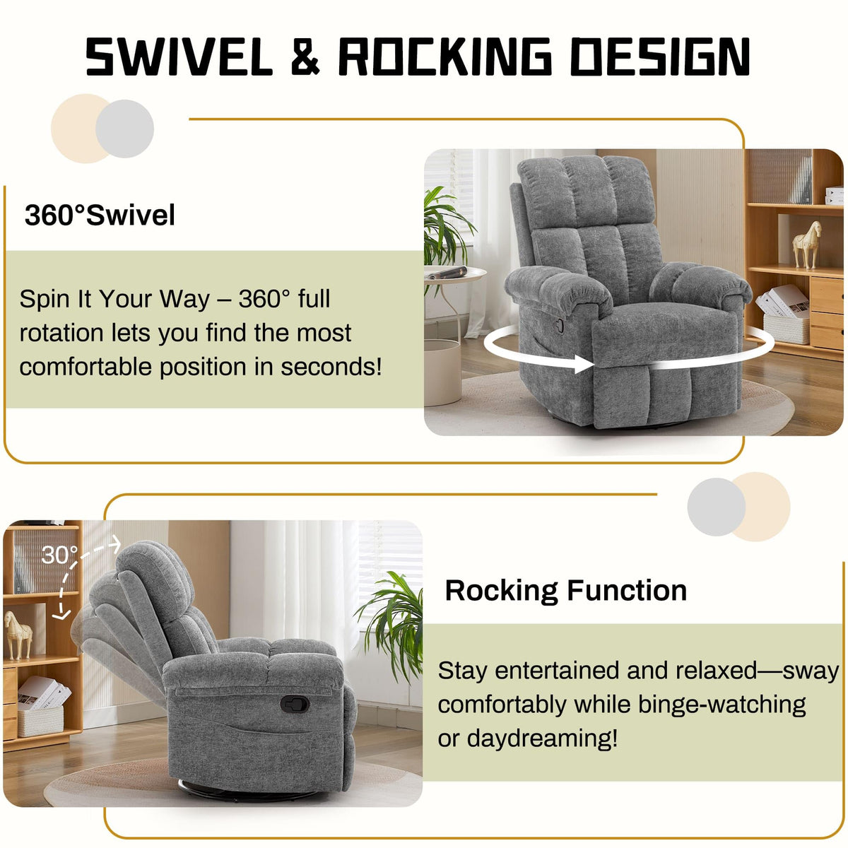 Grey Chenille Swivel Rocker Recliner Chair H455230