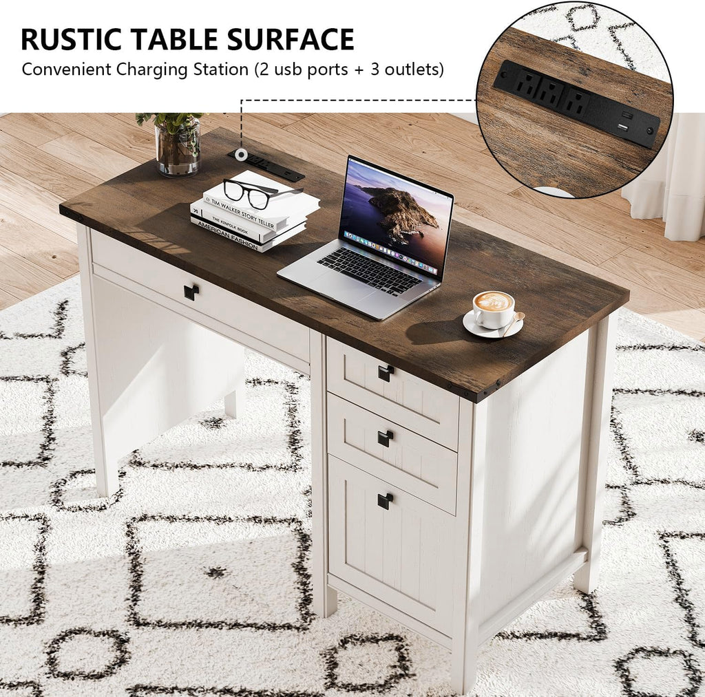 White Desk with Outlets & File Drawer C42962