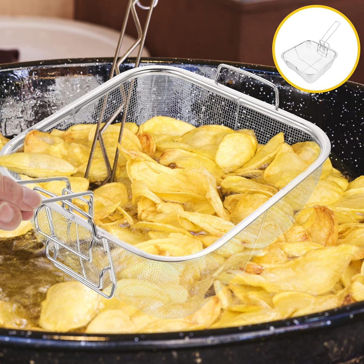 8 Inch Square Stainless Steel Wire Fry Basket with Folding Handle B9443