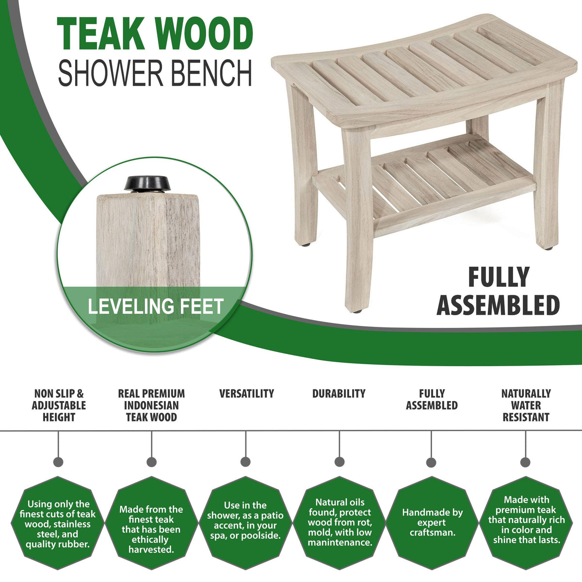 Gray Teak Shower Bench with Shelf 21 Inch Y5606