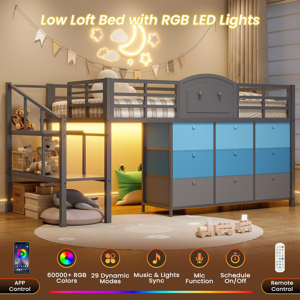 Twin Size Low Loft Bed with 9 Storage Drawers and LED Lights G2639