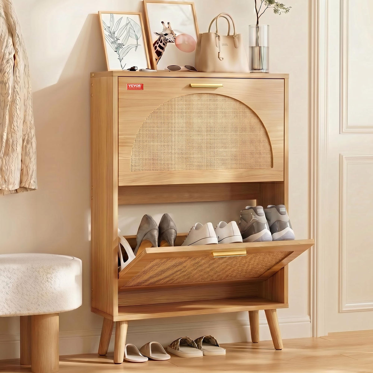 2 Flip Drawers Rattan Shoe Storage Cabinet S561