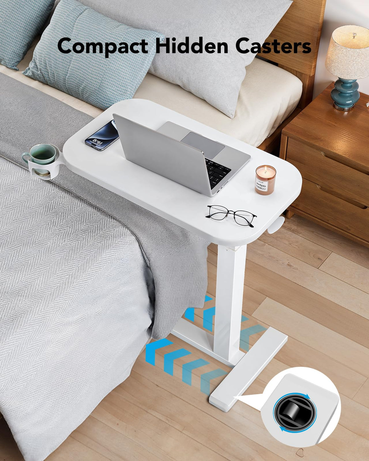 White Height-Adjustable Bedside Table with Wheels K2595