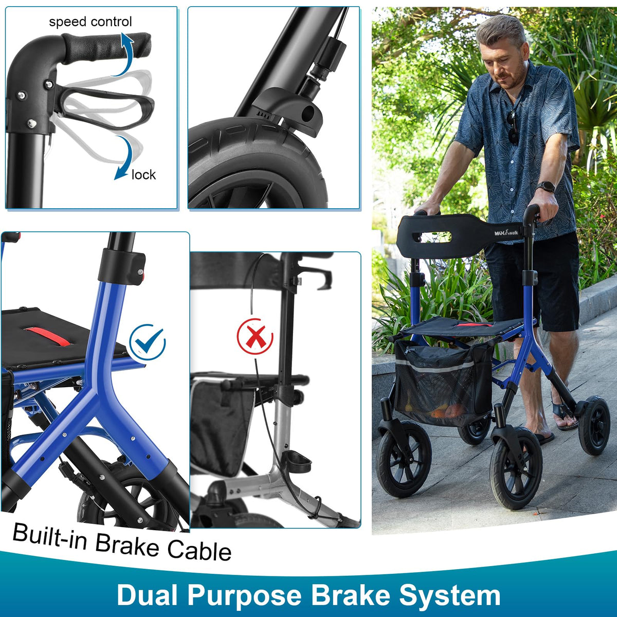 Blue Foldable Tall Walker with Seat X17934