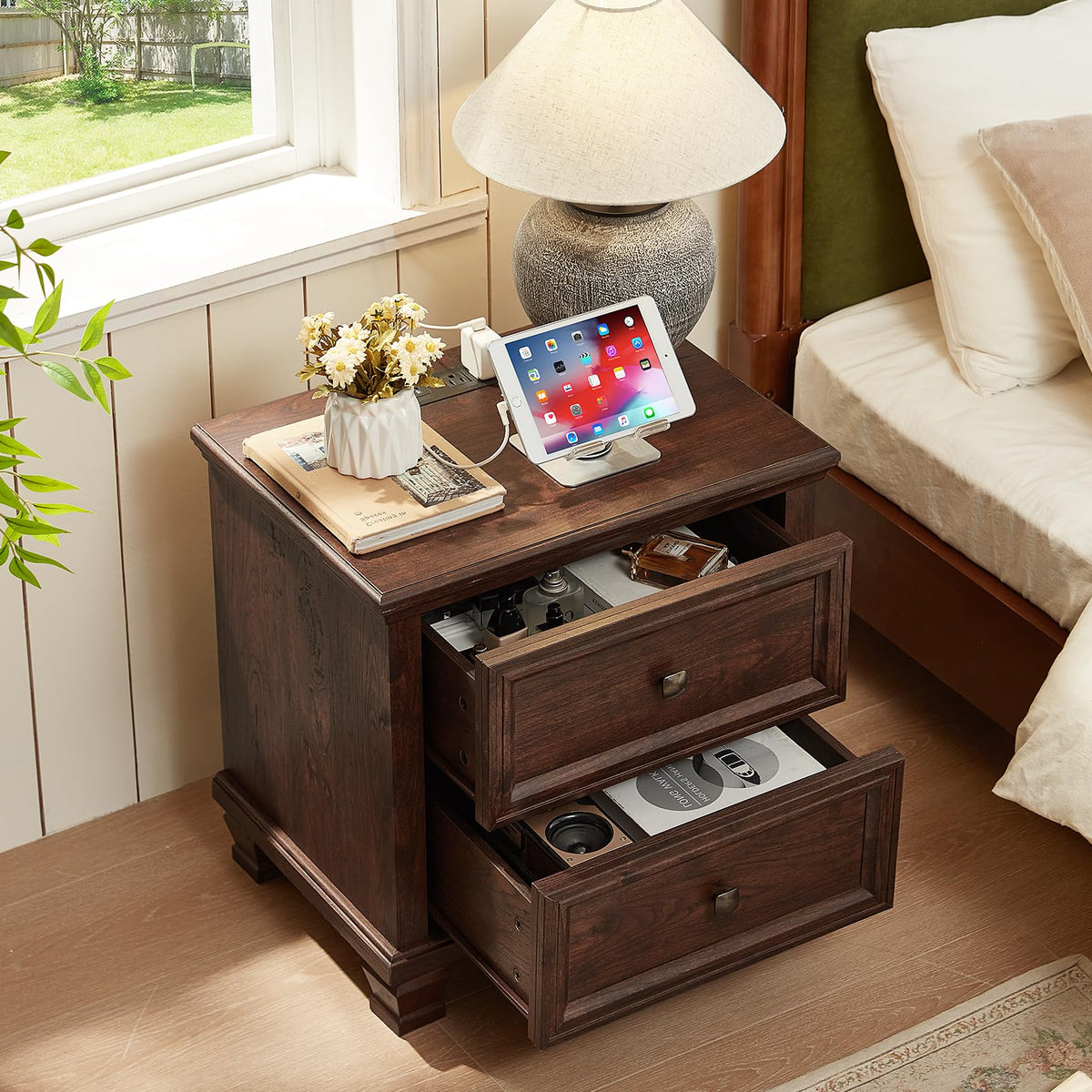 Nightstand Set of 2 with Charging Stations, 2 Drawers, Walnut P3965