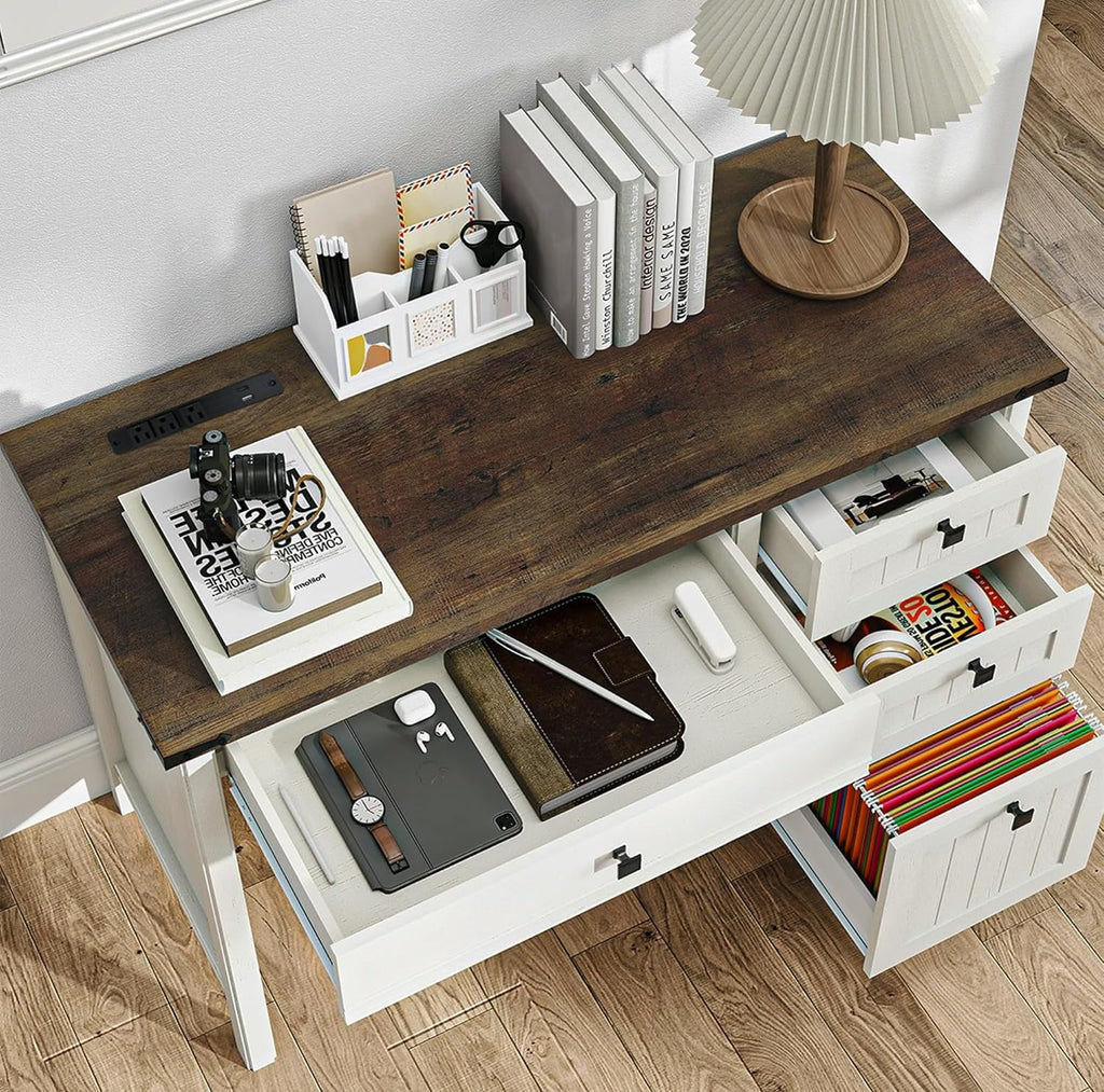 White Desk with Outlets & File Drawer C42962