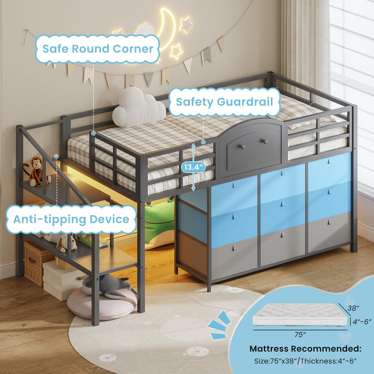 Twin Size Low Loft Bed with 9 Storage Drawers and LED Lights G2639