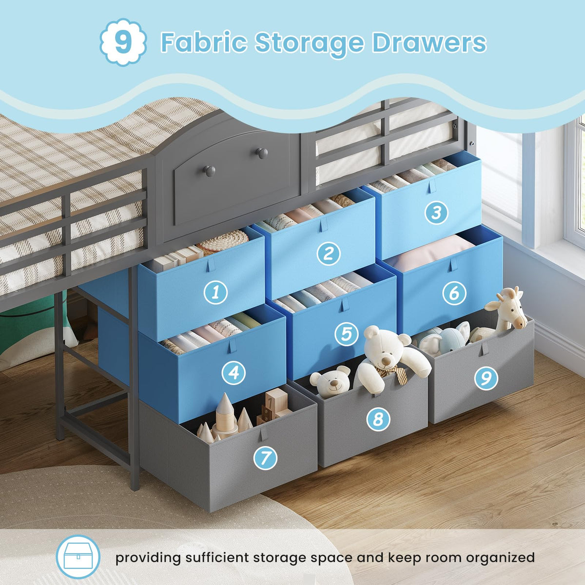 Twin Size Low Loft Bed with 9 Storage Drawers and LED Lights G2639