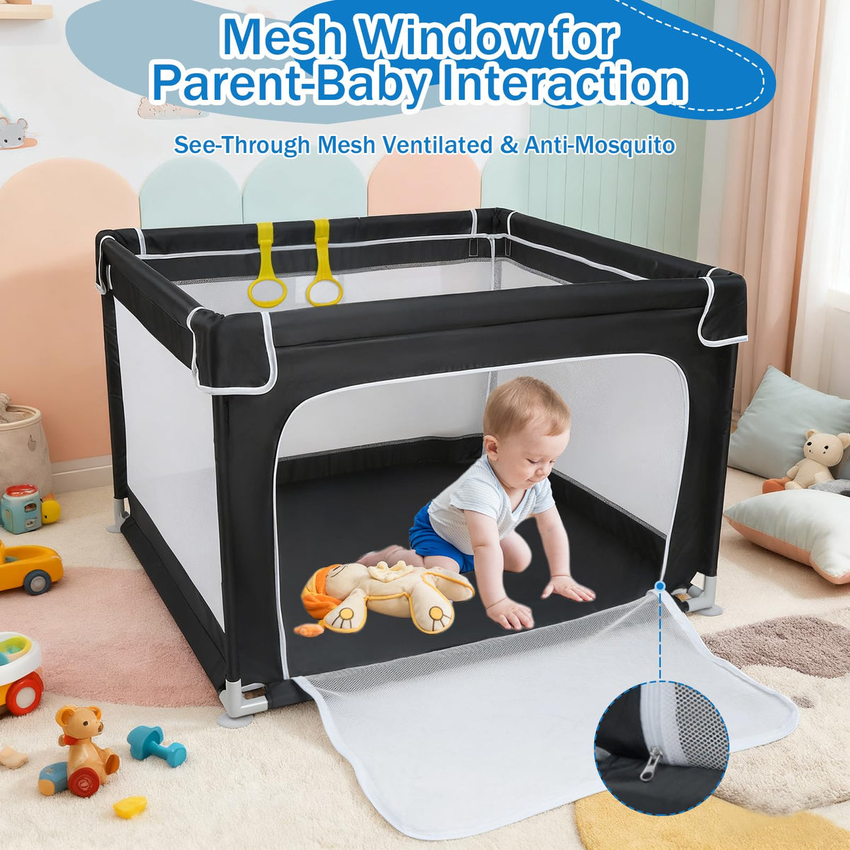 Baby Playpen with Mesh and Anti-Slip Base D545