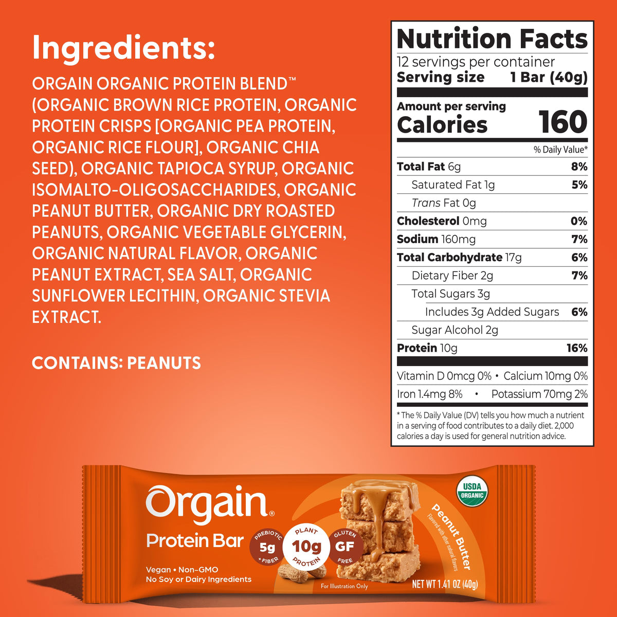 Organic Vegan 10g Protein Bars Peanut Butter 12 Pk D5129