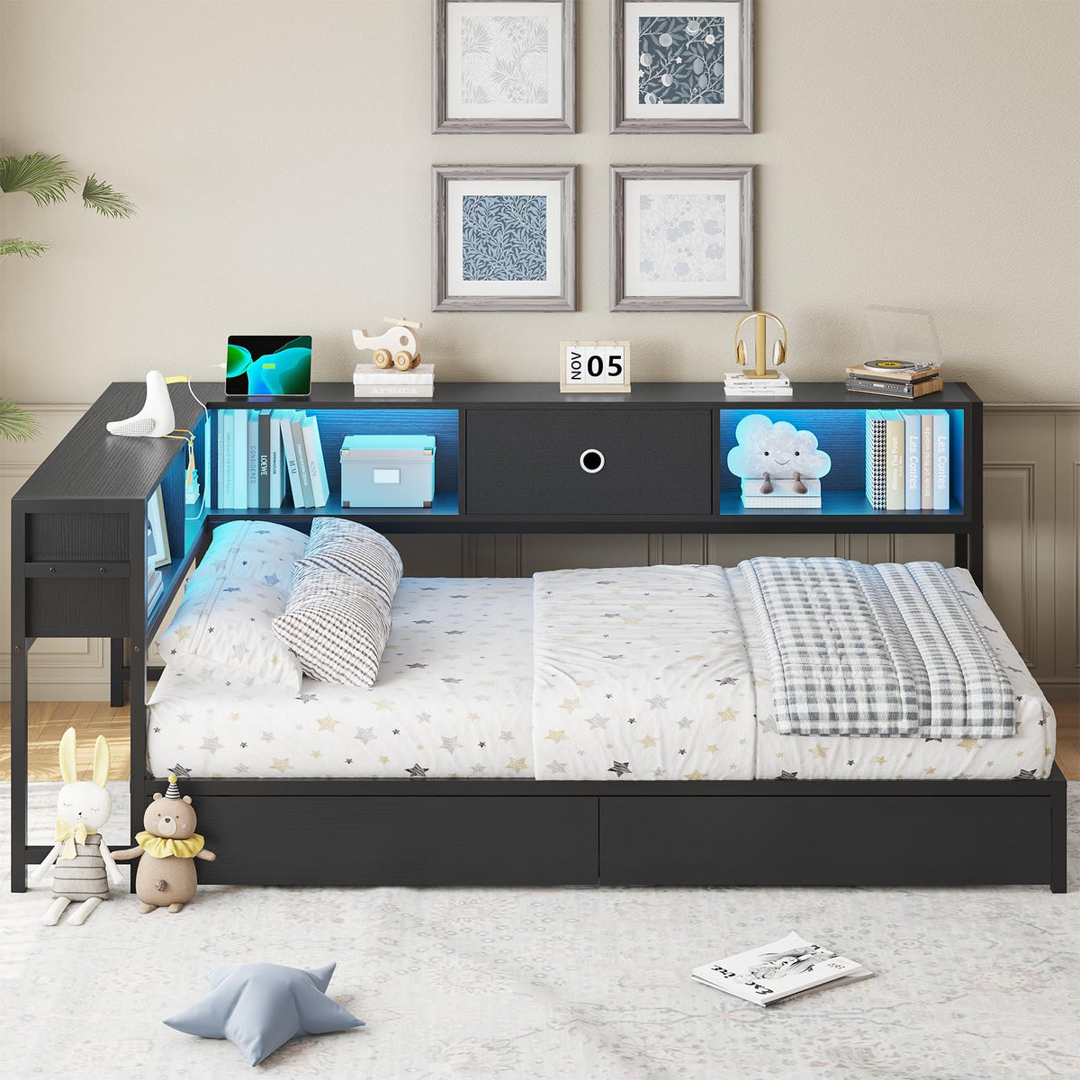 Black Twin Metal Platform Bed Frame with Storage Drawers L965503