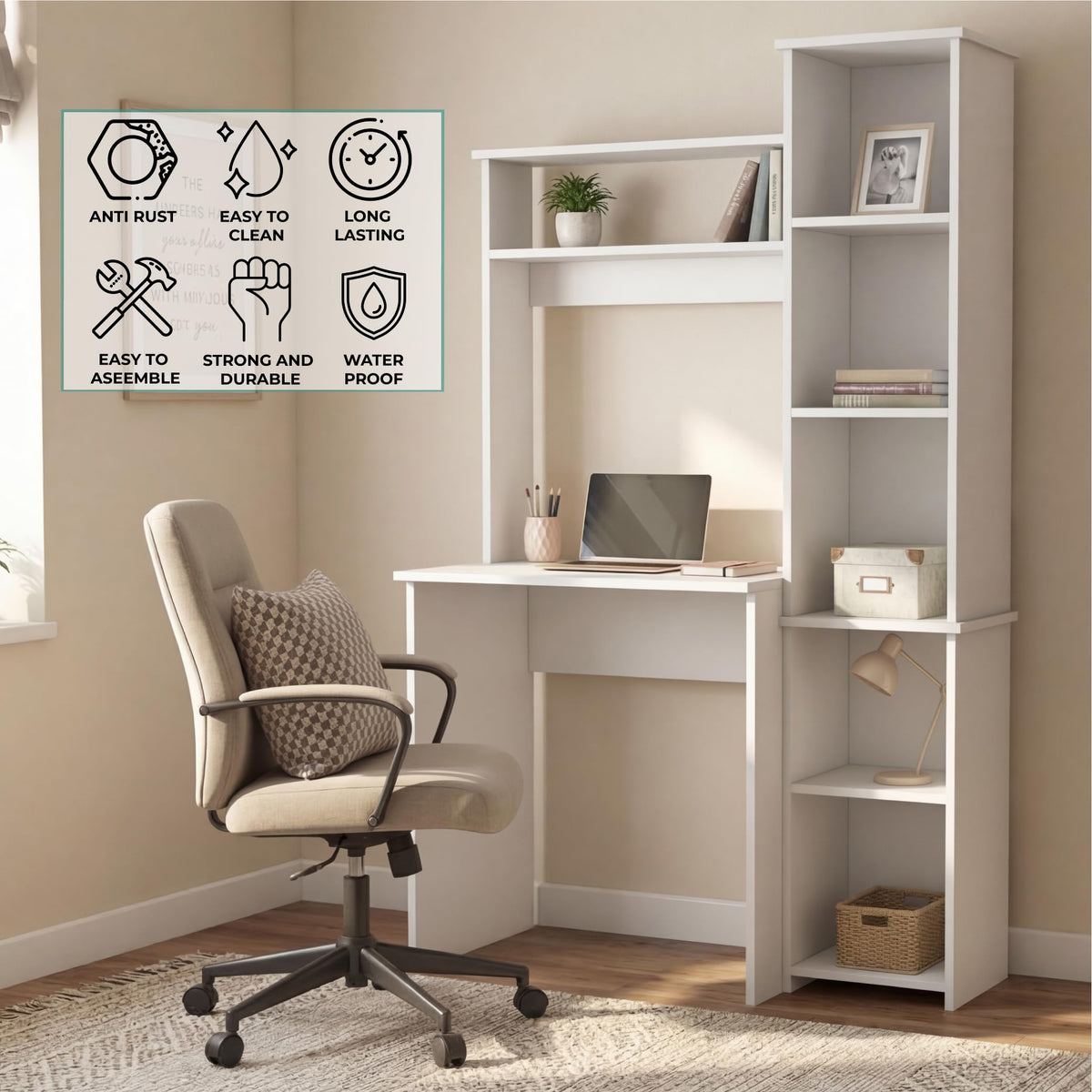 White Small Desk with Hutch and Bookshelf L932