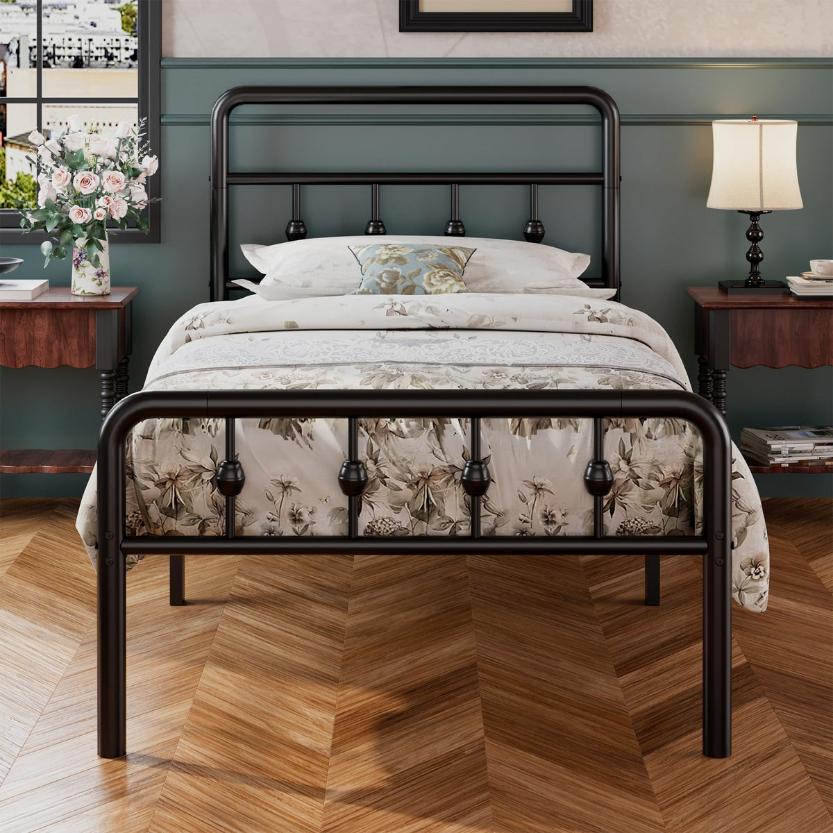 16 Inch Twin Metal Platform Bed with Headboard and Footboard Z334