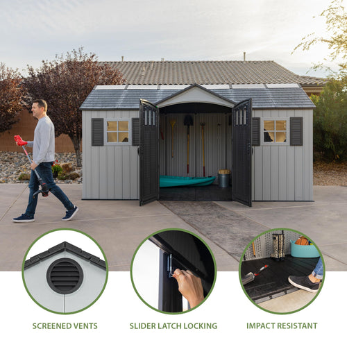 15x8 Ft Gray Resin Outdoor Storage Shed with Lockable Doors T14318