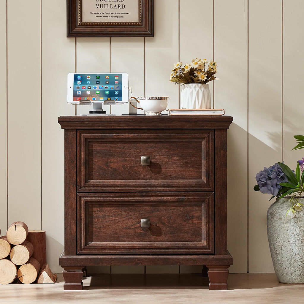 Nightstand Set of 2 with Charging Stations, 2 Drawers, Walnut P3965