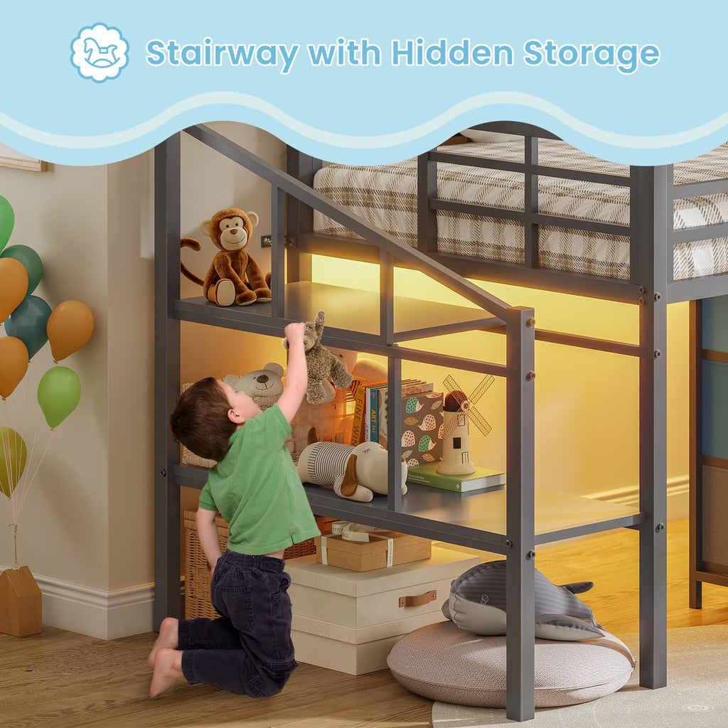 Twin Size Low Loft Bed with 9 Storage Drawers and LED Lights G2639