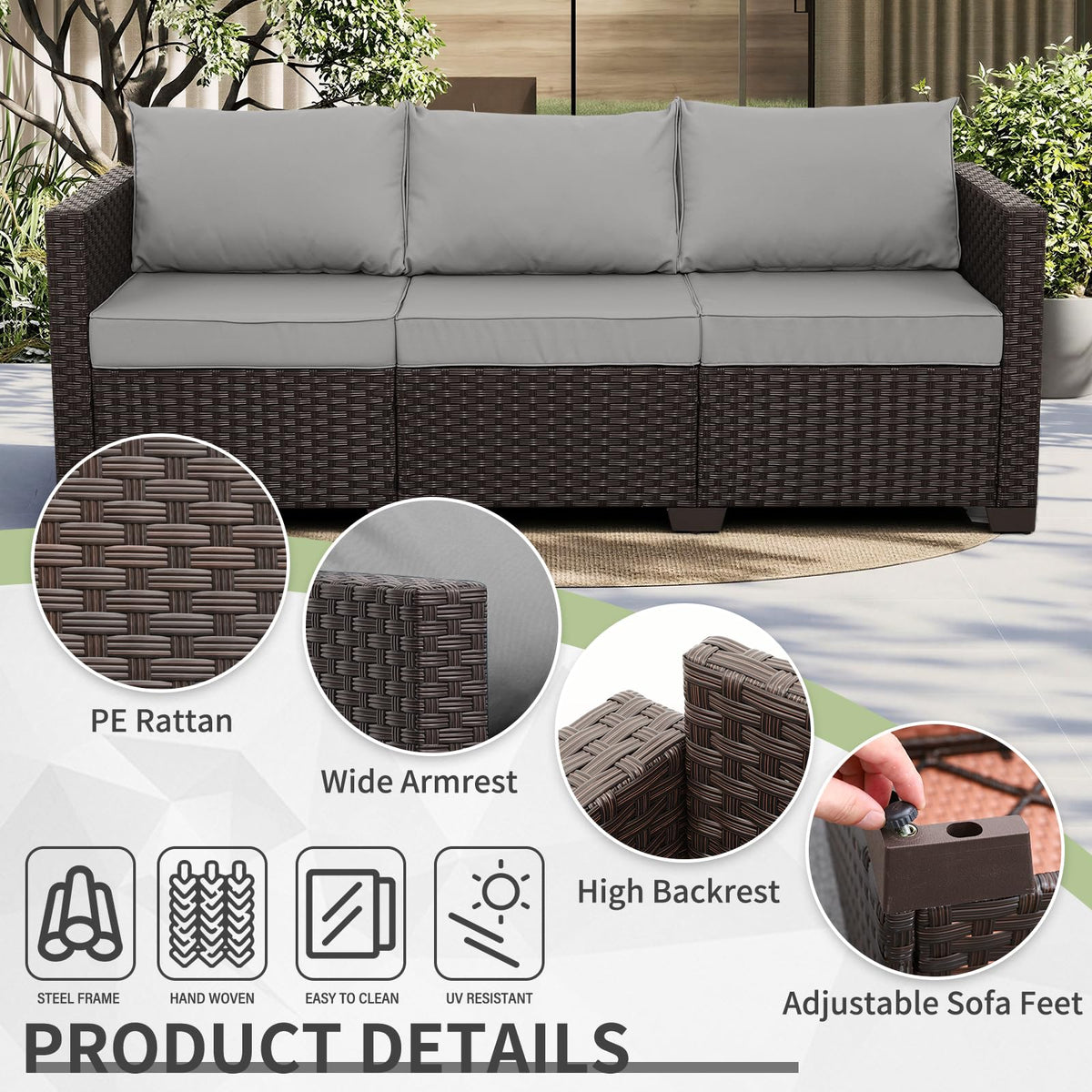 Brown Wicker 3-Seat Outdoor Sofa with Grey Cushion I94891