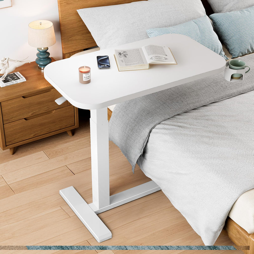 White Height-Adjustable Bedside Table with Wheels K2595