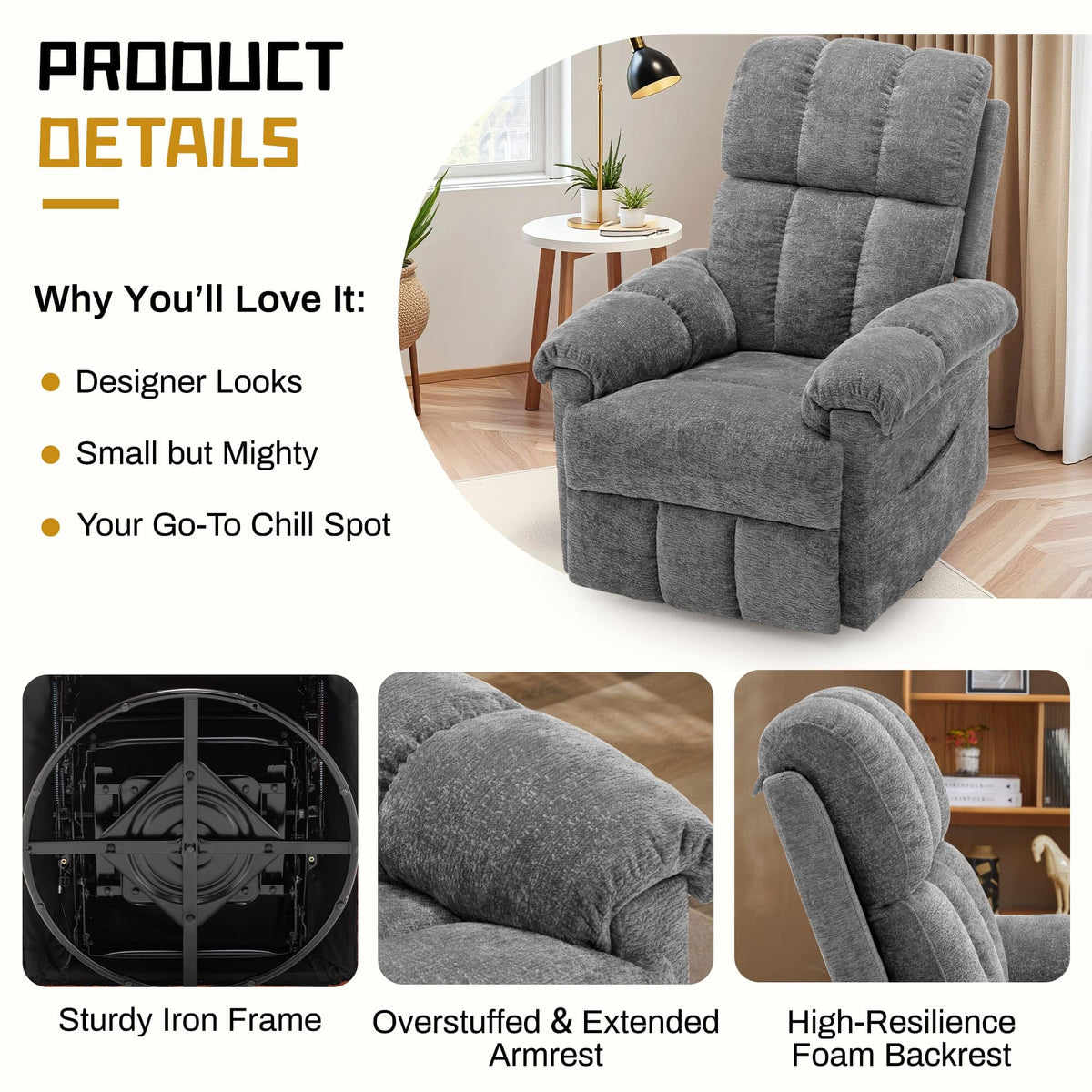 Grey Chenille Swivel Rocker Recliner Chair H455230