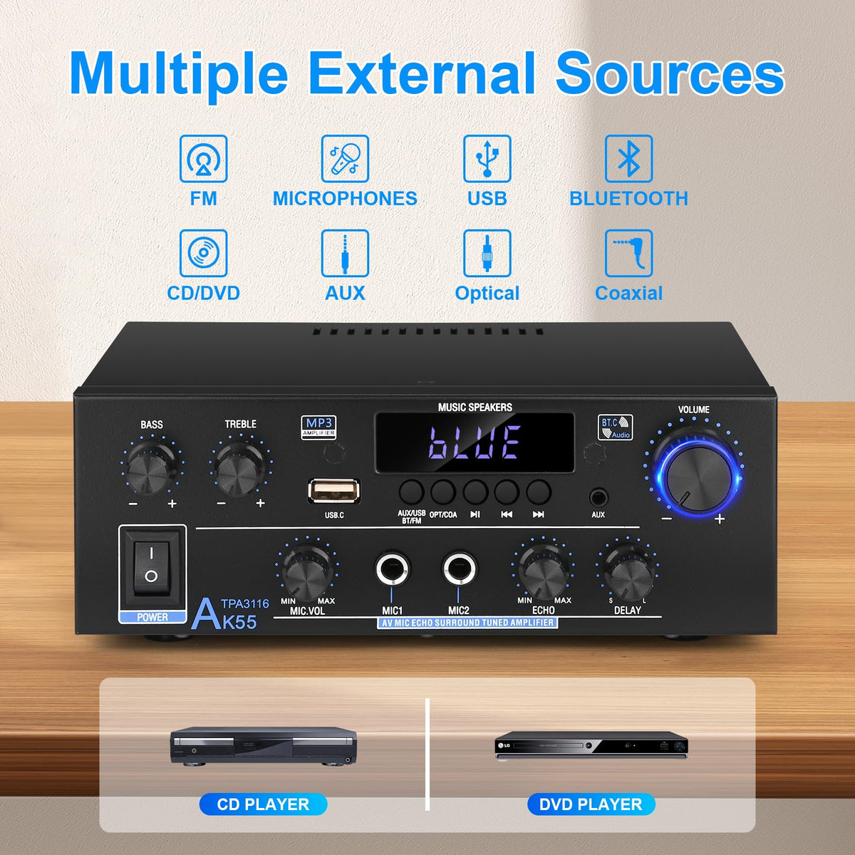 500W 2 Channel Bluetooth Stereo Audio Amplifier O533