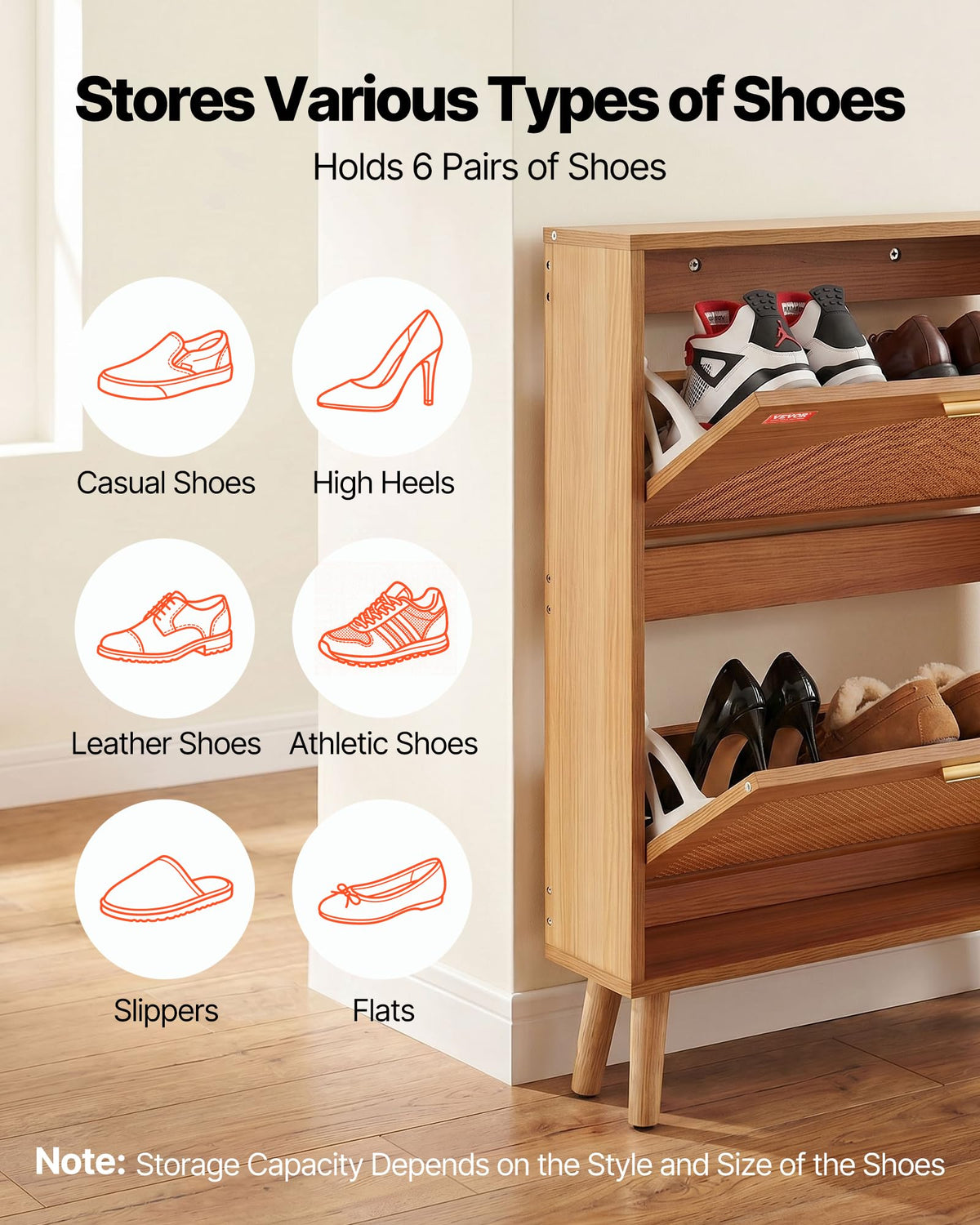 2 Flip Drawers Rattan Shoe Storage Cabinet S561
