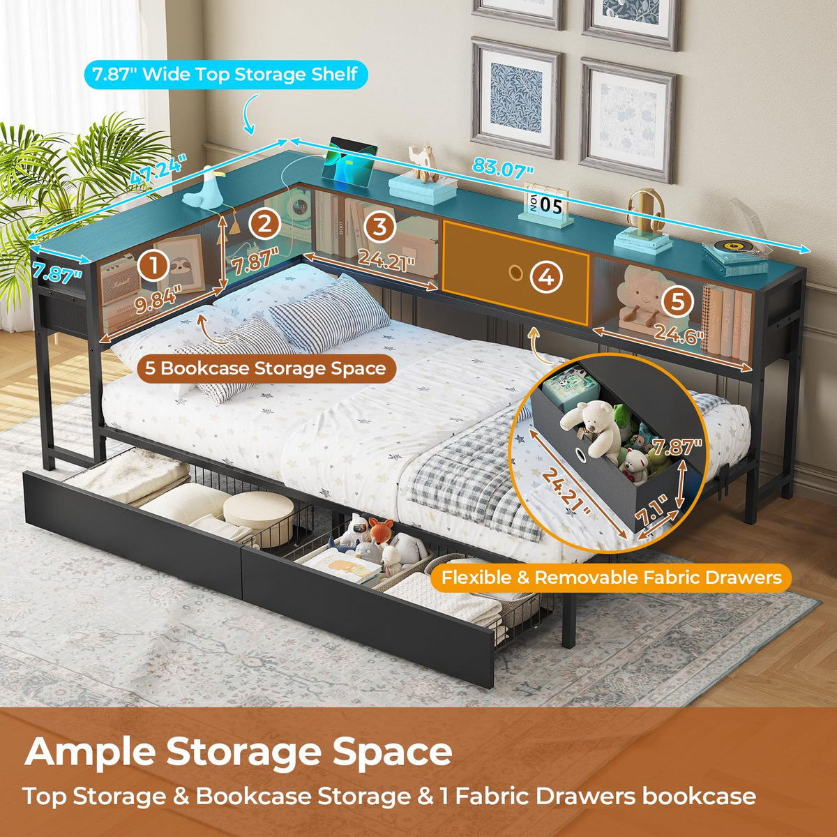 Black Twin Metal Platform Bed Frame with Storage Drawers L965503