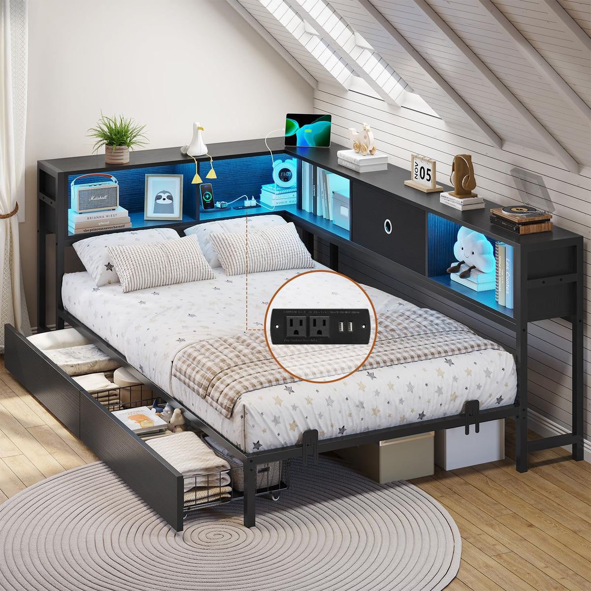 Black Twin Metal Platform Bed Frame with Storage Drawers L965503