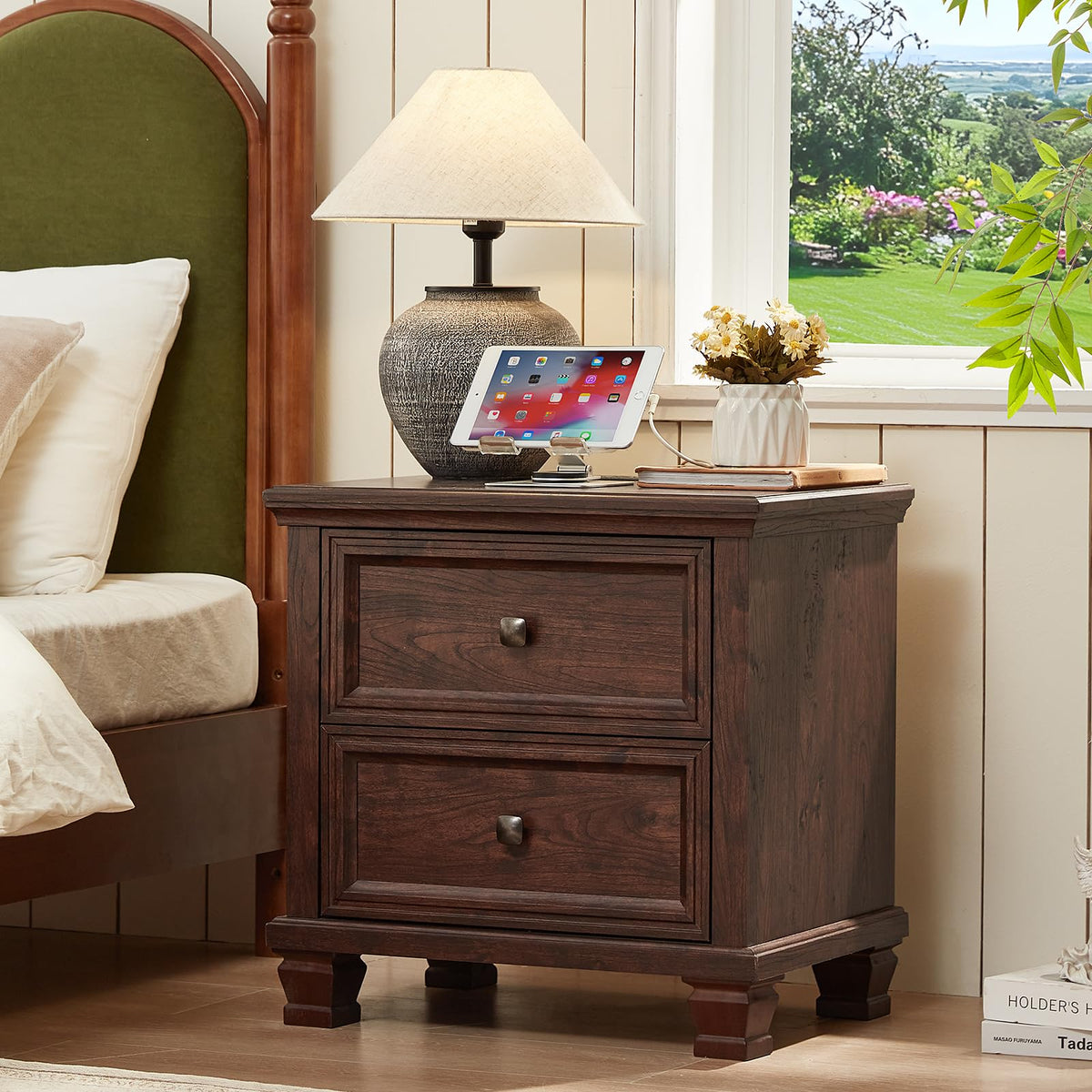 Nightstand Set of 2 with Charging Stations, 2 Drawers, Walnut P3965