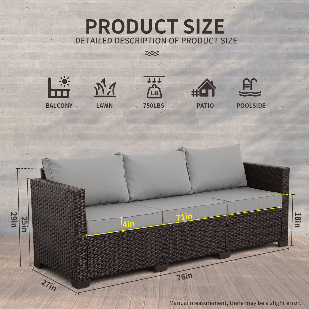 Brown Wicker 3-Seat Outdoor Sofa with Grey Cushion I94891