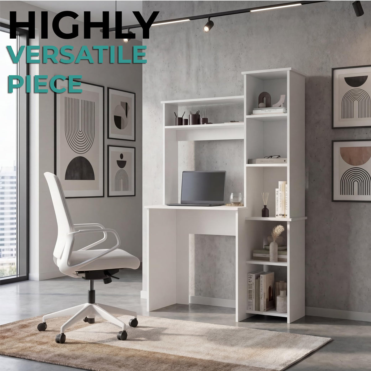 White Small Desk with Hutch and Bookshelf L932
