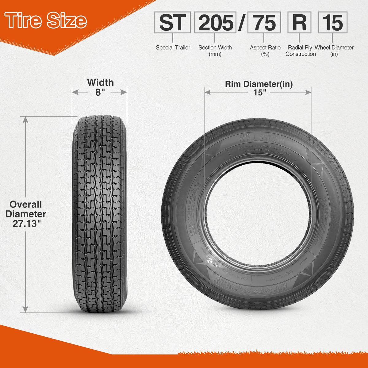 ST205/75R15 8PR Load Range D Radial Trailer Tires Set of 2 O706