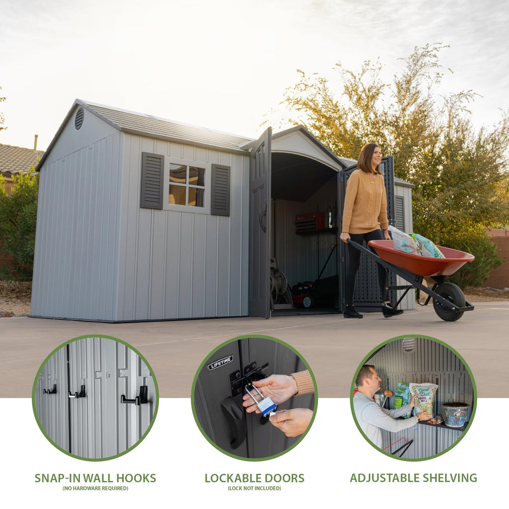 15x8 Ft Gray Resin Outdoor Storage Shed with Lockable Doors T14318