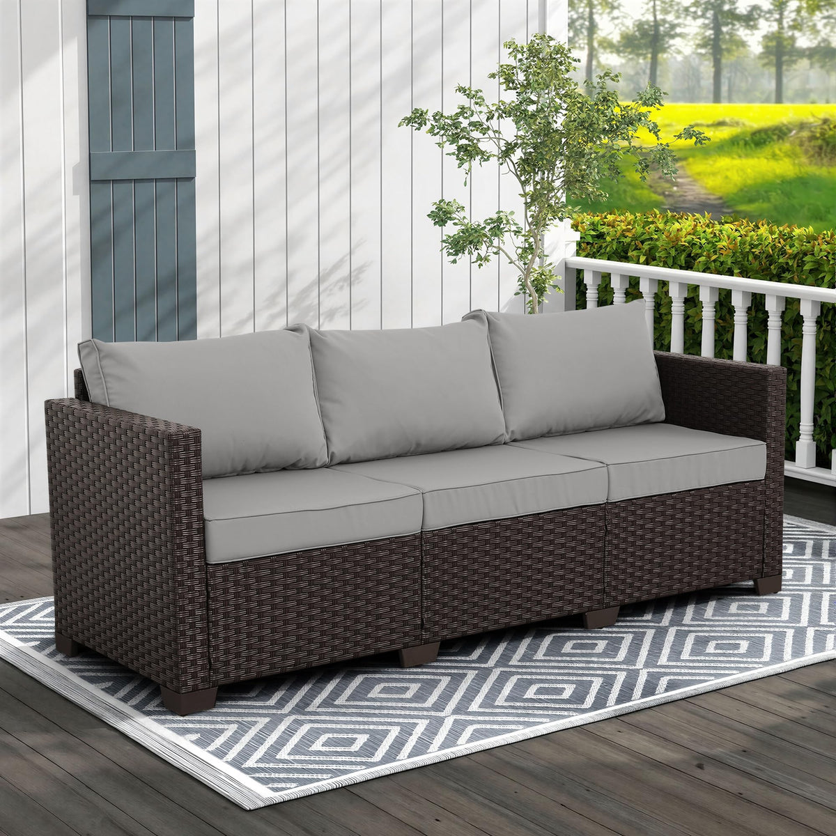 Brown Wicker 3-Seat Outdoor Sofa with Grey Cushion I94891